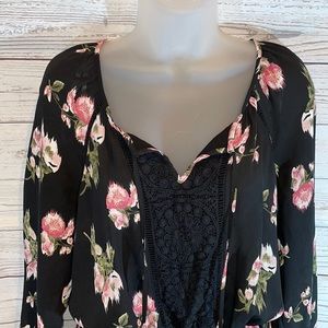 DR2 Daniel Rainn Black and Pink Floral Print Long Sleeve Romper Lace Detail M